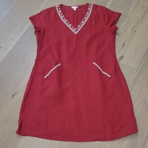 Garnet Hill Dress Women's sz 12 Red 100% Linen V-neck Cap Sleeve Mini Dress